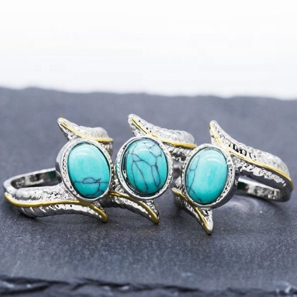 💎925 Silver Plated Green Turquoise Leather Shape Cut Ring, GPMB1514 - Picture 1 of 6